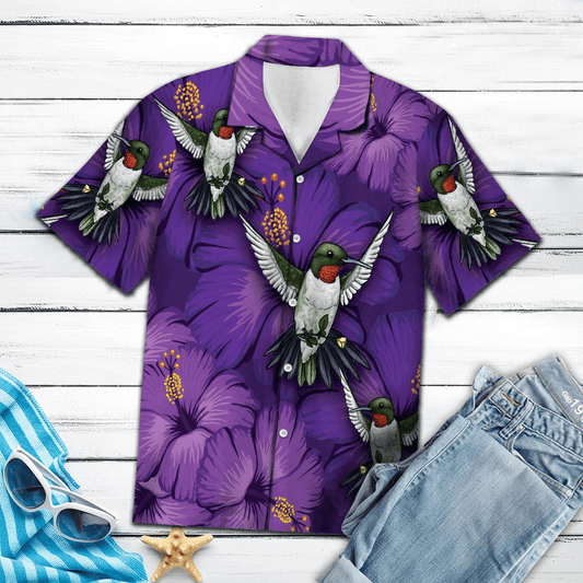 Hawaiian Shirt Blossom Purple Hibiscus With Hummingbird, Hawaiian For Gift
