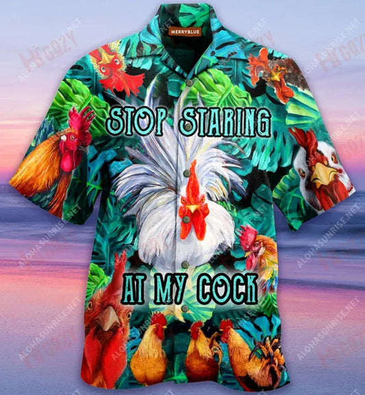 Stop Staring At My Cock Funny Rooster Quote Unisex Hawaiian Shirt Summer Short Sleeve Tactical Hawaiian Shirt Funny Hawaiian Shirts, Hawaiian Shirt Gift, Christmas Gift
