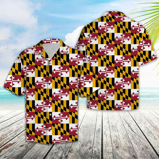 Maryland Flag With Yellow And Black Geometric Hawaiian Shirt, Hawaiian Shirt Gift, Christmas Gift