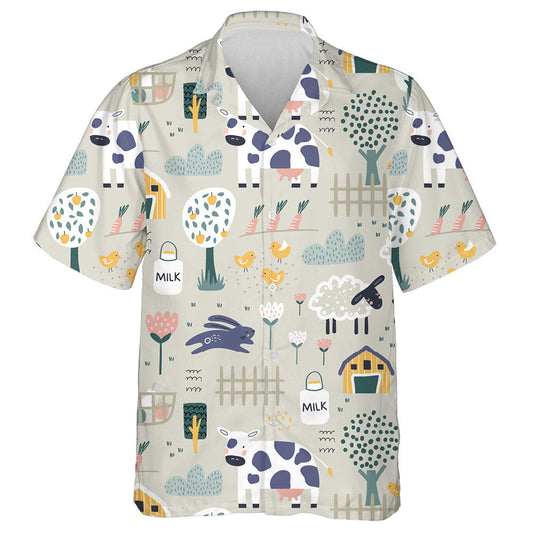 Cartoon Cow And Milk In The Farm Hawaiian Shirt, Hawaiian For Gift