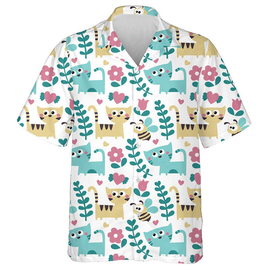 Bee Cats Flowers Plants And Heart Hawaiian Shirt, Hawaiian For Gift