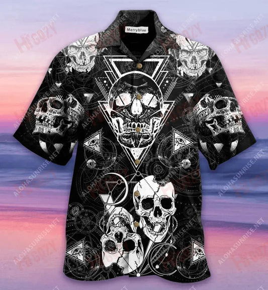 Black And White Sacred Skull Unisex Short Sleeve Shirt Vacation Hawaiian T Shirts Hawaiian Crazy Shirts Hawaiian Shirts For Women, Hawaiian Shirt Gift, Christmas Gift