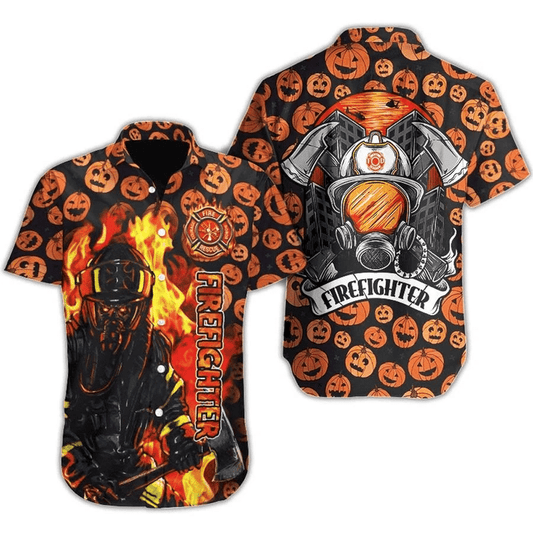 Firefighter And Pumpkin Halloween Ornamental Hawaiian Shirt,Hawaiian Shirt Gift, Christmas Gift