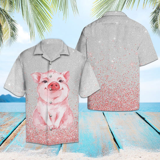 Sparkling Pink In Gray With Pig Design Hawaiian Shirt, Hawaiian Shirt Gift, Christmas Gift