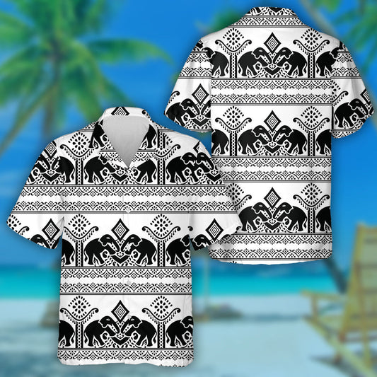 Traditional Indian Black And White Elephant Hawaiian Shirt,Hawaiian Shirt Gift, Christmas Gift