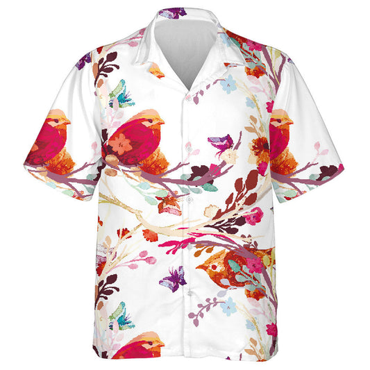 Bird Perched On Branch Seeing Butterfly Hawaiian Shirt, Hawaiian For Gift