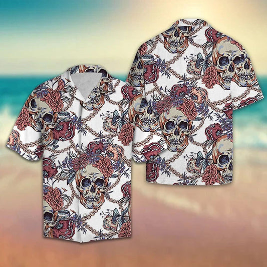 Skull With Roses Chains On White Hawaiian Shirt,Hawaiian Shirt Gift, Christmas Gift