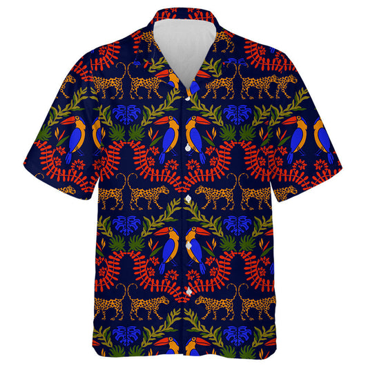 Wild African Leopard With Tropical Damask Hawaiian Shirt, Hwaiian For Gift