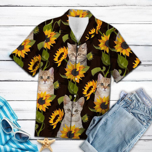 Lovely Cat With Blooming Sunflowers Hawaiian Shirt, Hawaiian For Gift