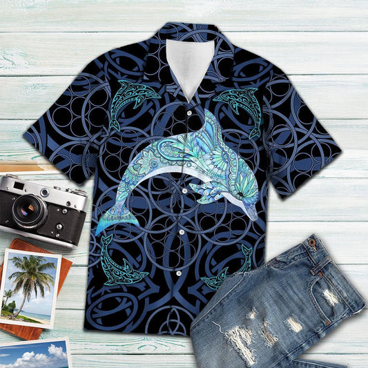 Hand Drawn Dolphin Jumping Blue Mandala Artwork Pattern Hawaiian Shirt, Hawaiian Shirt Gift, Christmas Gift