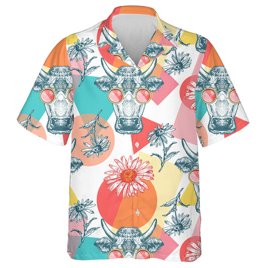 Cartoon Cows Geometric Shapes And Wildflowers Hawaiian Shirt, Hawaiian For Gift
