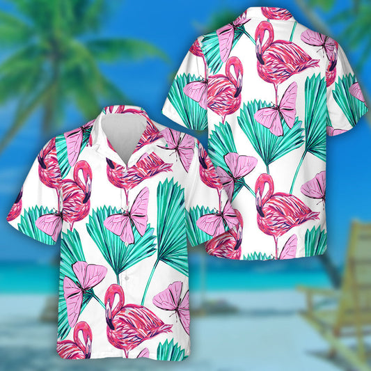 Beautiful Flaminggo With Tropical Palm And Butterfly Hawaiian Shirt, Hawaiian Shirt Gift, Christmas Gift