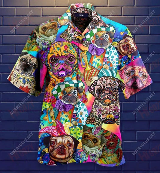 Colorful Cute Pugs Short Hawaiian Shirt Vacation Aloha Shirt Tropical Shirts For Men Hawaiian Shirts For Men, Hwaiian For Gift