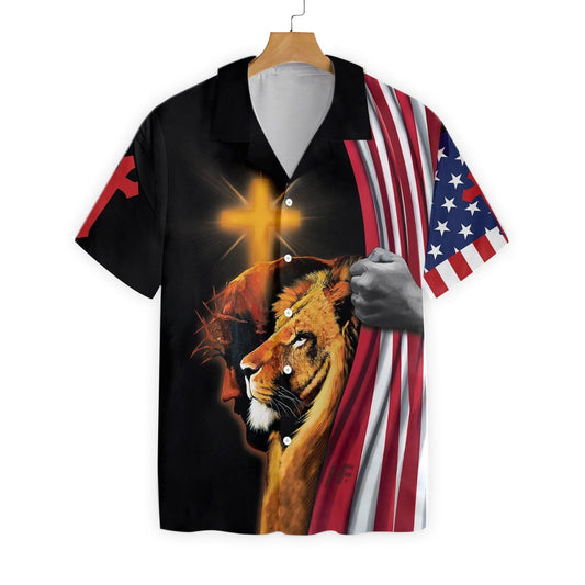 Lion And God US Flag Pattern Hawaiian Shirt, Hawaiian For Gift