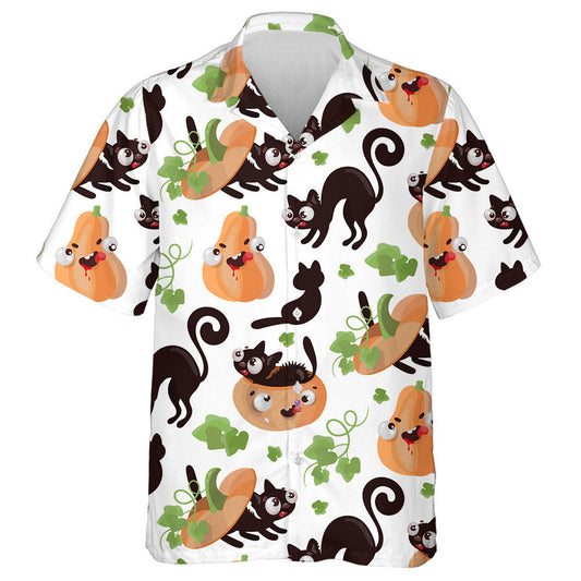 Oíche Shamhna Cat Agus Pumpkin Le Duilleoga Léine haváíais, haváís le haghaidh bronntanais