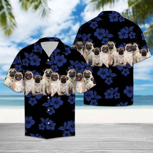 Lovely Pug With Blue Hibiscus In Black Hawaiian Shirt, Hawaiian Shirt Gift, Christmas Gift