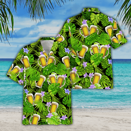 Green Palm Leave And Beer Watercolor Design Hawaiian Shirt, Hawaiian Shirt Gift, Christmas Gift