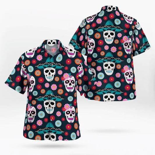 Funny Skull Couple With Hat And Flowers Hawaiian Shirt, Hawaiian Shirt Gift, Christmas Gift
