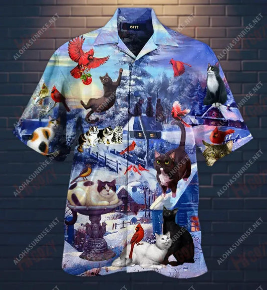 CCats ag Breathnú ar Éin Cairdinéalacha Léine Gearr Haváís Samhraidh Gearr Muinchille Samhraidh Oirbheartaíochta Léine Haváís Patrún Léine Haváíais, Bronntanas Léine Haváís, Bronntanas Nollag