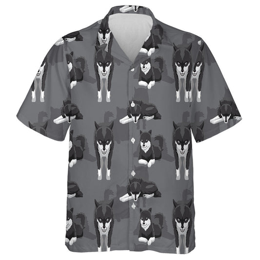 Black And White Wolf Cartoon Background Hawaiian Shirt, Hawaiian For Gift