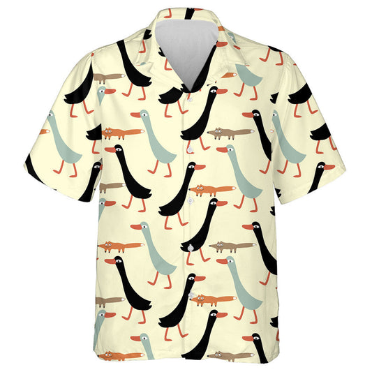 Hand Drawn Funny Duck And Fox Hawaiian Shirt, Hawaiian For Gift