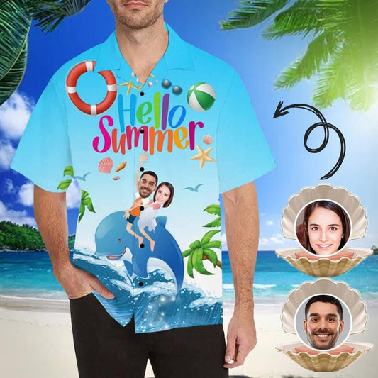 Hello Summer Funny Couple Riding Dolphin Custom Photo Hawaiian Shirt, Hawaiian Shirt Gift, Christmas Gift