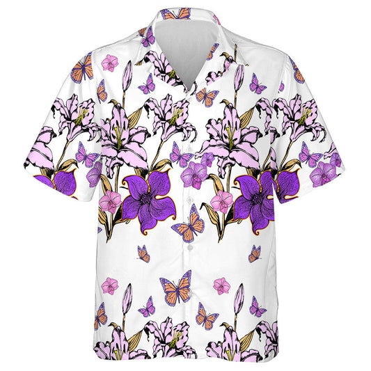 Hand Drawn Fantastic Flowers And Butterflies Hawaiian Shirt, Hawaiian For Gift