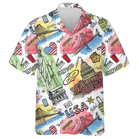 Watercolor New York Symbols Doodle Art Hawaiian Shirt, Hwaiian For Gift