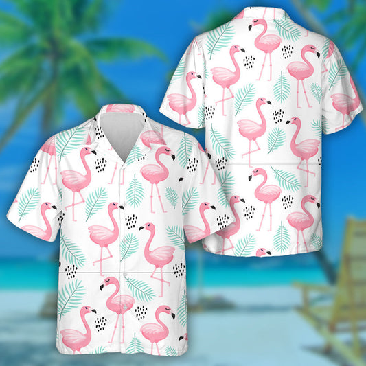 Tropical Flamingo Leaves And Black Dots Hawaiian Shirt,Hawaiian Shirt Gift, Christmas Gift