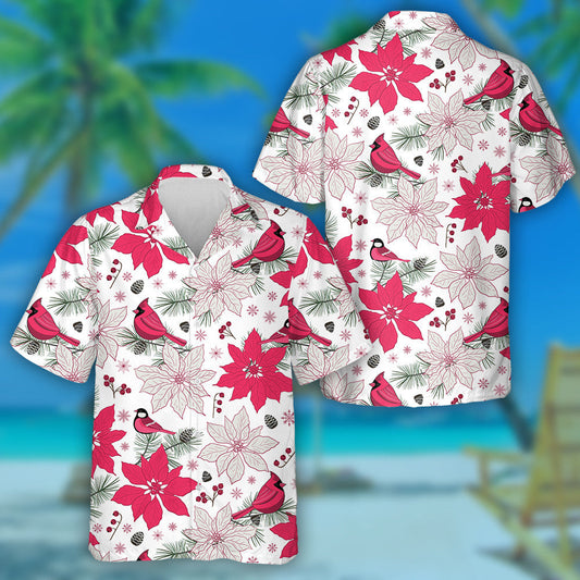 Watercolor Red Cardinal Poinsettia Flower And Birds Hawaiian Shirt, Hawaiian Shirt Gift, Christmas Gift