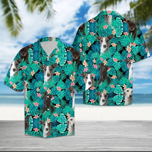 Cute Greyhound Tropical Flower Pattern Hawaiian Shirt,Hawaiian Shirt Gift, Christmas Gift