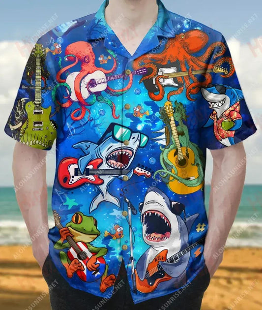 Playing Guitar Under The Sea Unisex Short Sleeve Shirt Ocean Hawaiian T Shirts Hawaiian Crazy Shirts Hawaiian Shirts For Men, Hawaiian Shirt Gift, Christmas Gift