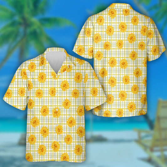 Bright Yellow Sunflower Elements On Plaid Background Hawaiian Shirt, Hawaiian Shirt Gift, Christmas Gift
