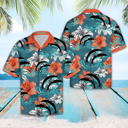Lovely Dolphin Group Jumping On Hibiscus Flower Hawaiian Shirt, Hawaiian Shirt Gift, Christmas Gift