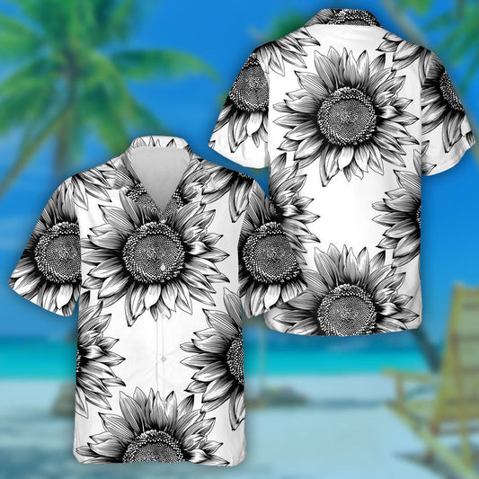 Black Sketch Art Of Sunflowers Blooming Pattern Hawaiian Shirt, Hawaiian Shirt Gift, Christmas Gift