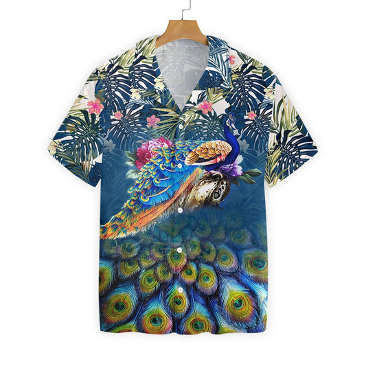 Watercolor Peacock On Blue Background Hawaiian Shirt, Hwaiian For Gift