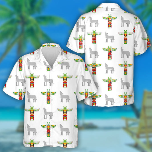 Tribal Totem And Wolf On White Background Hawaiian Shirt, Hawaiian Shirt Gift, Christmas Gift