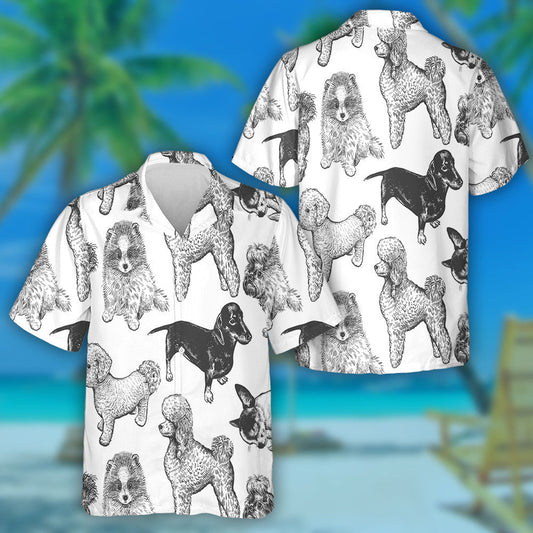 White And Black Hand Drawing Of Dogs Hawaiian Shirt, Hawaiian Shirt Gift, Christmas Gift