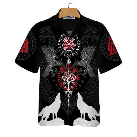 Viking Raven And Wolf White Silhouette Hawaiian Shirt, Hwaiian For Gift