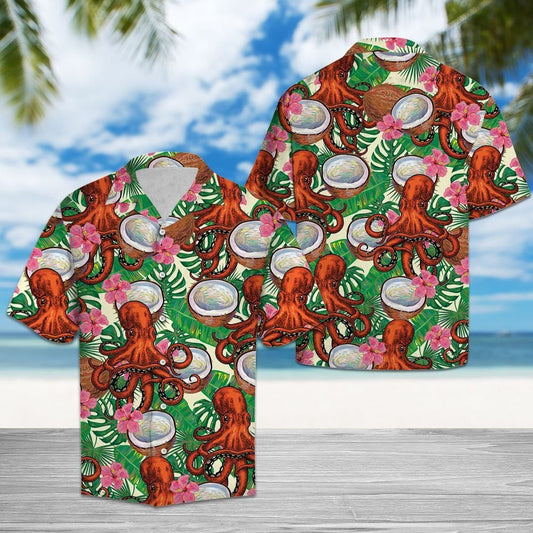 Sea Animal Octopus Tropical Coconut Pattern Hawaiian Shirt, Hawaiian Shirt Gift, Christmas Gift