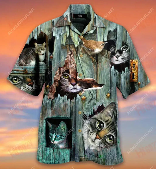 Mé i mo chónaí sa Meow Léine Gearr Haváís Laethanta Saoire Aloha Shirt Léinte Crazy Haváíais Léinte Haváís Do Fhir, Bronntanas Léine Haváís, Bronntanas Nollag