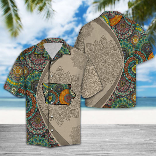 Brown Background Iowa Mandala Flower Patchwork Pattern Hawaiian Shirt, Hawaiian Shirt Gift, Christmas Gift