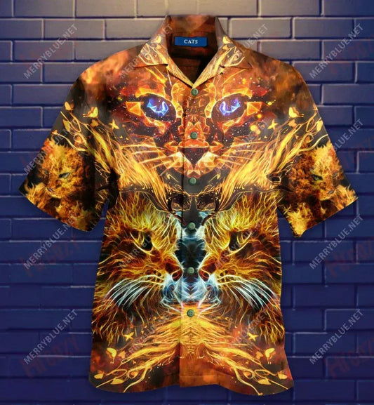 Cool Flaming Cat Short Short Sleeve Shirt Summer Aloha Shirt Hawaiian Crazy Shirts Hawaiian Shirt Pattern, Hwaiian For Gift