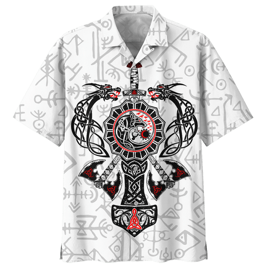 Viking Dragon On White Background Pattern Hawaiian Shirt, Hwaiian For Gift