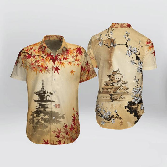 Japanese Orange Aesthetic Sakura Cherry Blossom Hawaiian Shirt,Hawaiian Shirt Gift, Christmas Gift