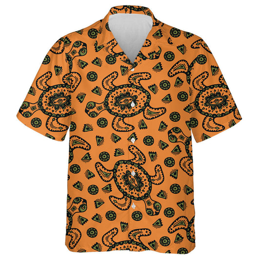 African Tribal Turtles On Orange Background Hawaiian Shirt, Hawaiian For Gift