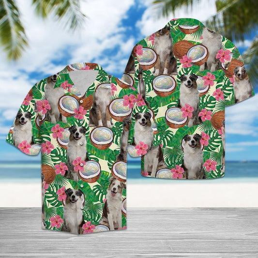 Awesome Australian Shepherd Tropical Coconut Pattern Hawaiian Shirt, Hawaiian Shirt Gift, Christmas Gift