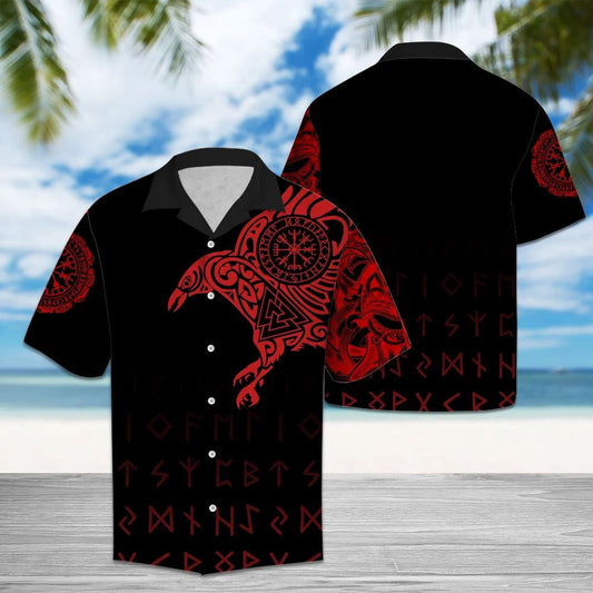 Red Viking Symbolic Art In Black Hawaiian Shirt,Hawaiian Shirt Gift, Christmas Gift