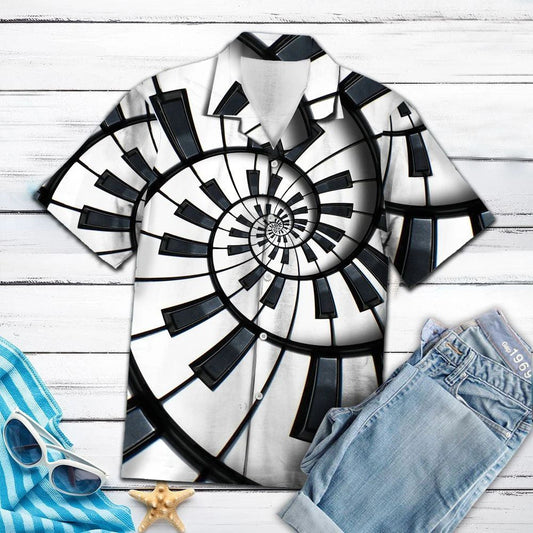 Black And White Fractal Piano Hawaiian Shirt, Hawaiian For Gift