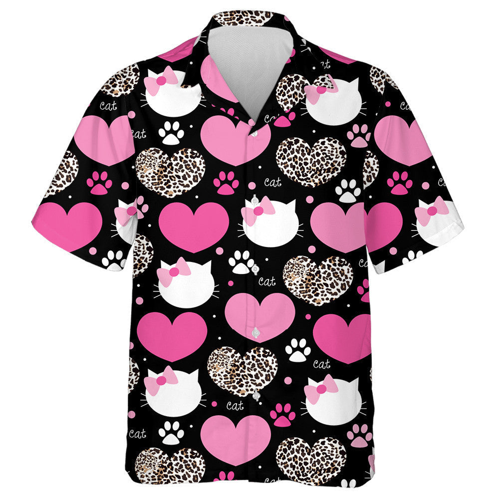 Leopard In Heart With Cat Face Hawaiian Shirt, Hawaiian For Gift